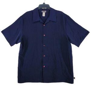 Vtg YMLA Shirt Mens L Navy Blue SS Button Up Laser Cut Perforations USA Made 90s